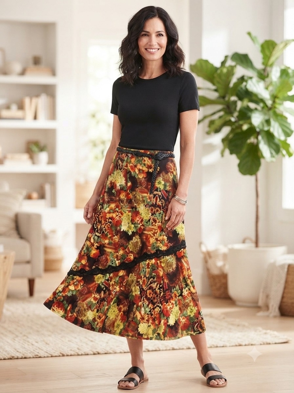 Coldwater Creek Floral Print A-Line Midi Skirt with Black Lace Trim Petite Med